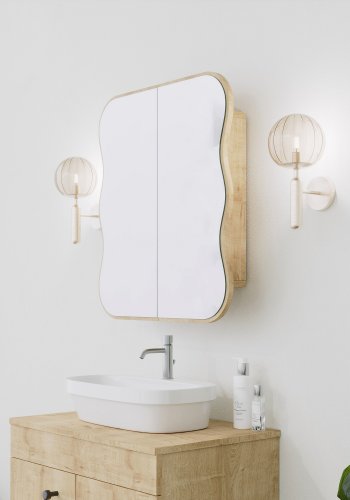 FUNZI LIVING Day Badezimmer-Wandschrank mit 2 Spiegeltüren und 1 Regal - Spiegelglas und Eichenfaserplatte