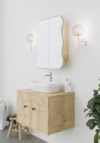 FUNZI LIVING Day Badezimmer-Wandschrank mit 2 Spiegeltüren und 1 Regal - Spiegelglas und Eichenfaserplatte