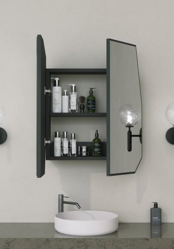 FUNZI LIVING Quarz-Badezimmer-Wandschrank mit Spiegel, 2 Türen und 2 Regalen – Spiegelglas und schwarzes MDF