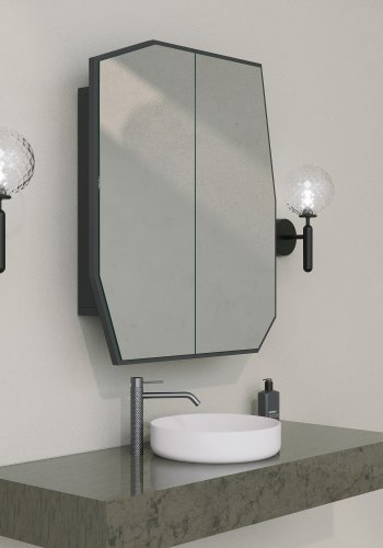 FUNZI LIVING Quarz-Badezimmer-Wandschrank mit Spiegel, 2 Türen und 2 Regalen – Spiegelglas und schwarzes MDF