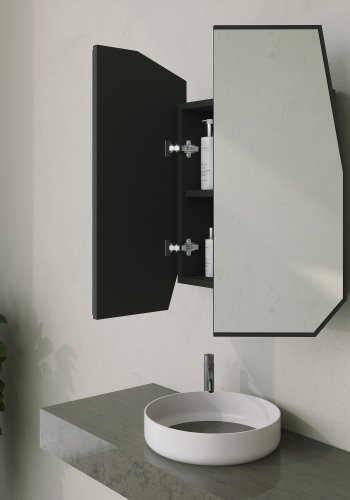 FUNZI LIVING Quarz-Badezimmer-Wandschrank mit Spiegel, 2 Türen und 2 Regalen – Spiegelglas und schwarzes MDF