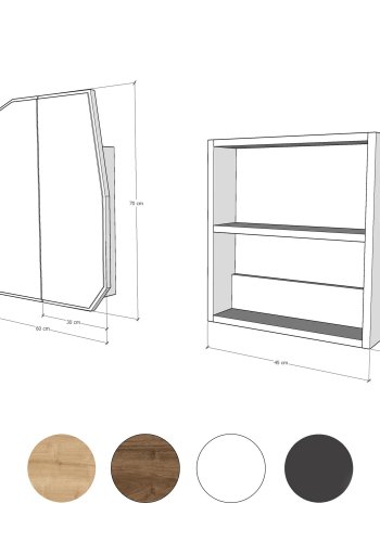 FUNZI LIVING Quarz-Badezimmer-Wandschrank mit Spiegel, 2 Türen und 2 Regalen – Spiegelglas und schwarzes MDF