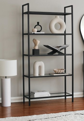 FUNZI LIVING K100 Bücherregal, m. 5 Regale - gehärtetes Glas und schwarzes Metall