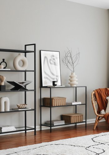 FUNZI LIVING K100 Bücherregal, m. 5 Regale - gehärtetes Glas und schwarzes Metall