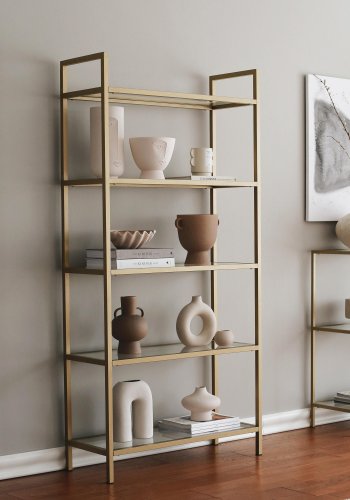 FUNZI LIVING K101 Bücherregal mit 5 Regalen – gehärtetes Glas und goldenes Metall