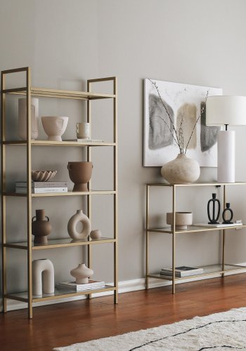 FUNZI LIVING K101 Bücherregal mit 5 Regalen – gehärtetes Glas und goldenes Metall