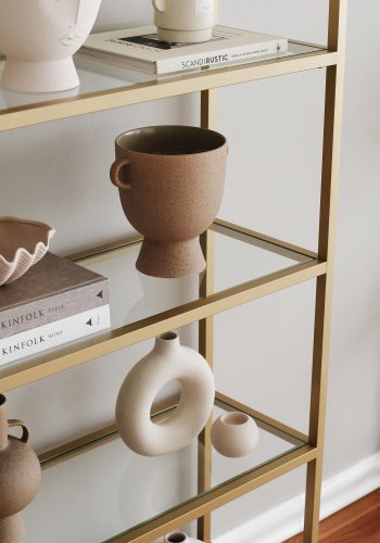 FUNZI LIVING K101 Bücherregal mit 5 Regalen – gehärtetes Glas und goldenes Metall