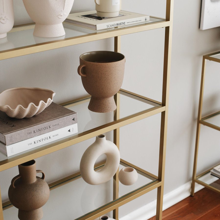 FUNZI LIVING K101 Bücherregal mit 5 Regalen – gehärtetes Glas und goldenes Metall