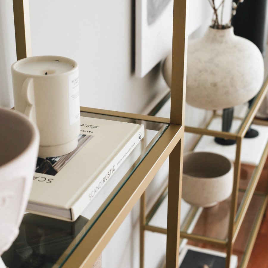 FUNZI LIVING K101 Bücherregal mit 5 Regalen – gehärtetes Glas und goldenes Metall