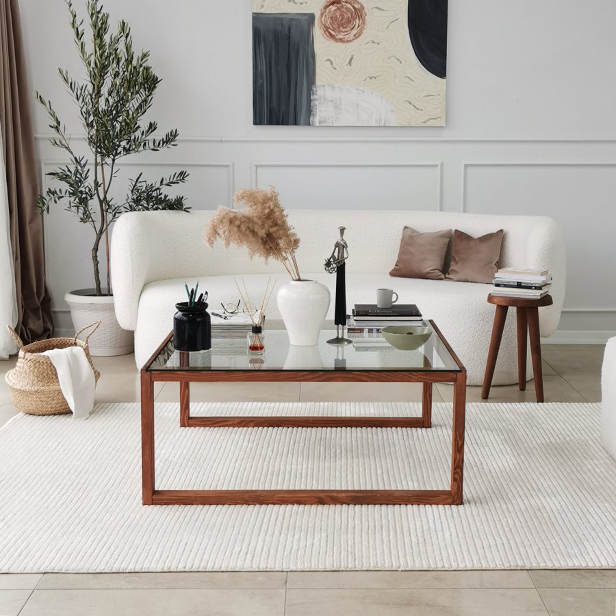 NORDVÄRK Via Couchtisch, quadratisch – Glas und Kiefer (90x90)