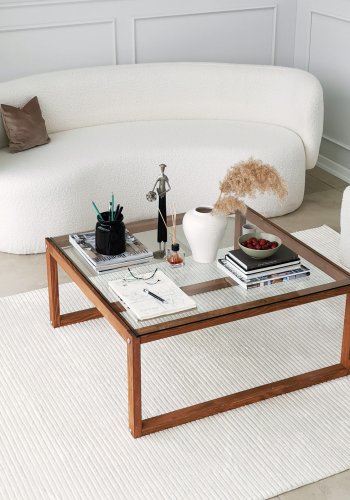 NORDVÄRK Via Couchtisch, quadratisch – Glas und Kiefer (90x90)