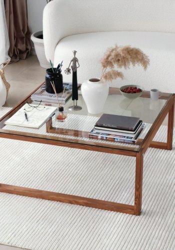 NORDVÄRK Via Couchtisch, quadratisch – Glas und Kiefer (90x90)