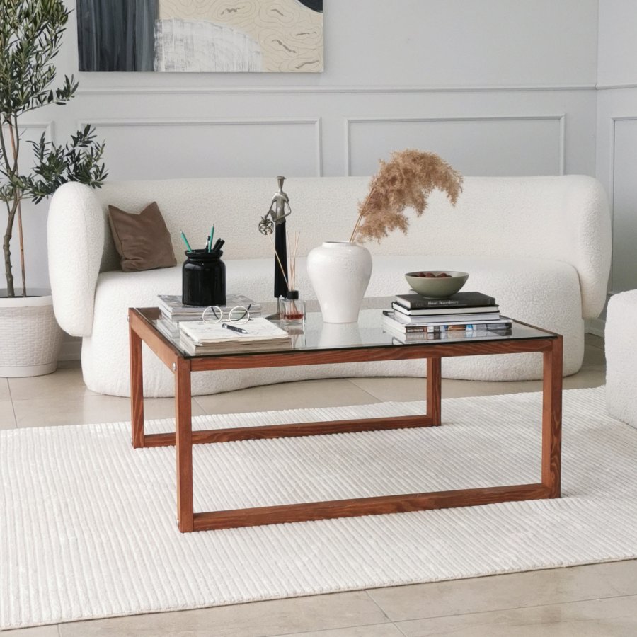 NORDVÄRK Via Couchtisch, quadratisch – Glas und Kiefer (90x90)