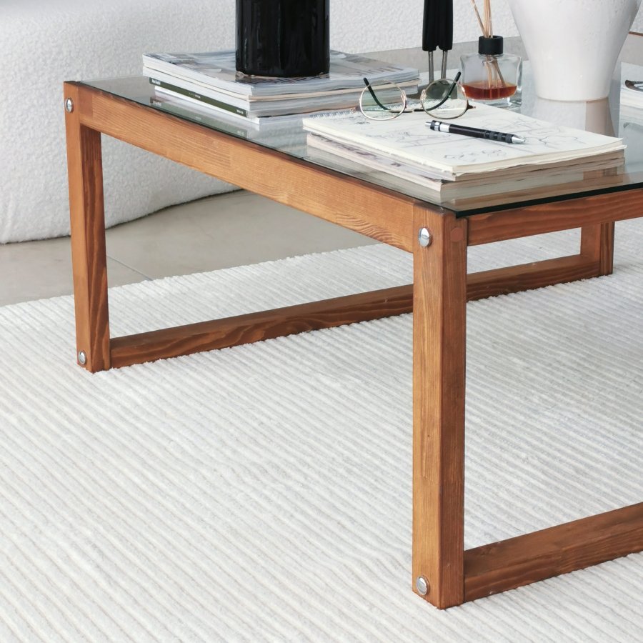 NORDVÄRK Via Couchtisch, quadratisch – Glas und Kiefer (90x90)