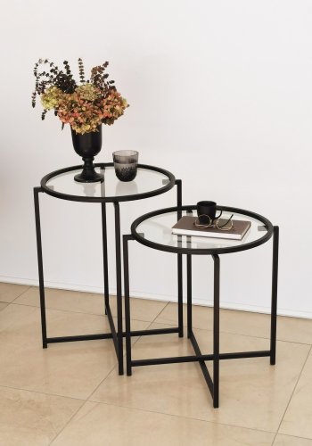 NORDVÄRK S412 Beistelltisch, rund – Klarglas und schwarzes Metall (2er-Set)