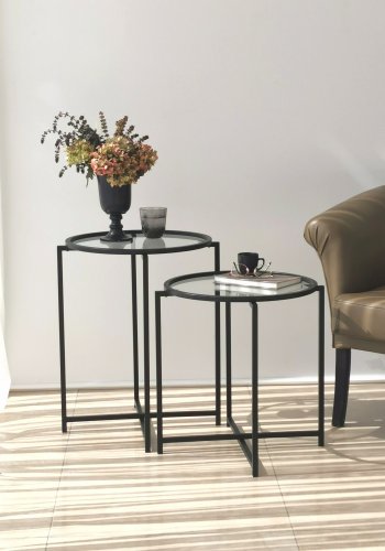 NORDVÄRK S412 Beistelltisch, rund – Klarglas und schwarzes Metall (2er-Set)