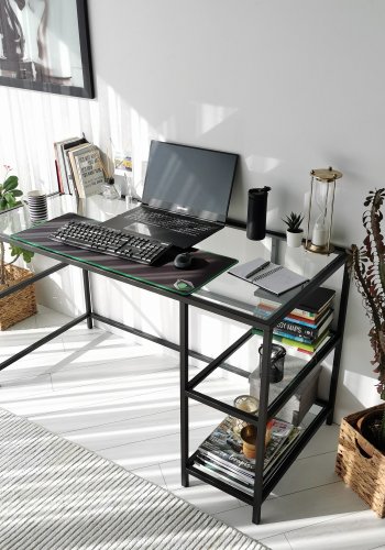 NORDVÄRK Master-Schreibtisch, mit 2 Regalen – Glas und schwarzes Metall (130x60)