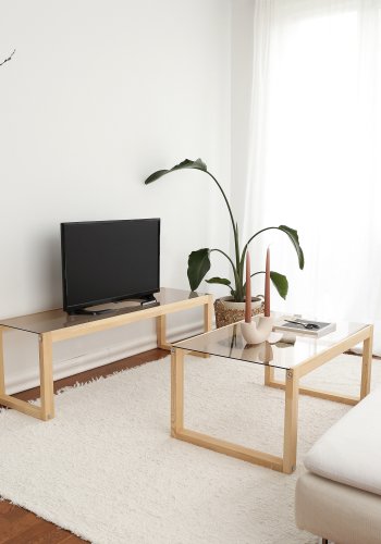 NORDVÄRK Via sofabord, rektangulr - glas og natur fyrretr (85x55)