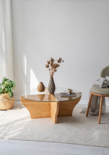 NORDVÄRK Amphora Couchtisch, rund – Glas und teakfarbenes Holz (92)