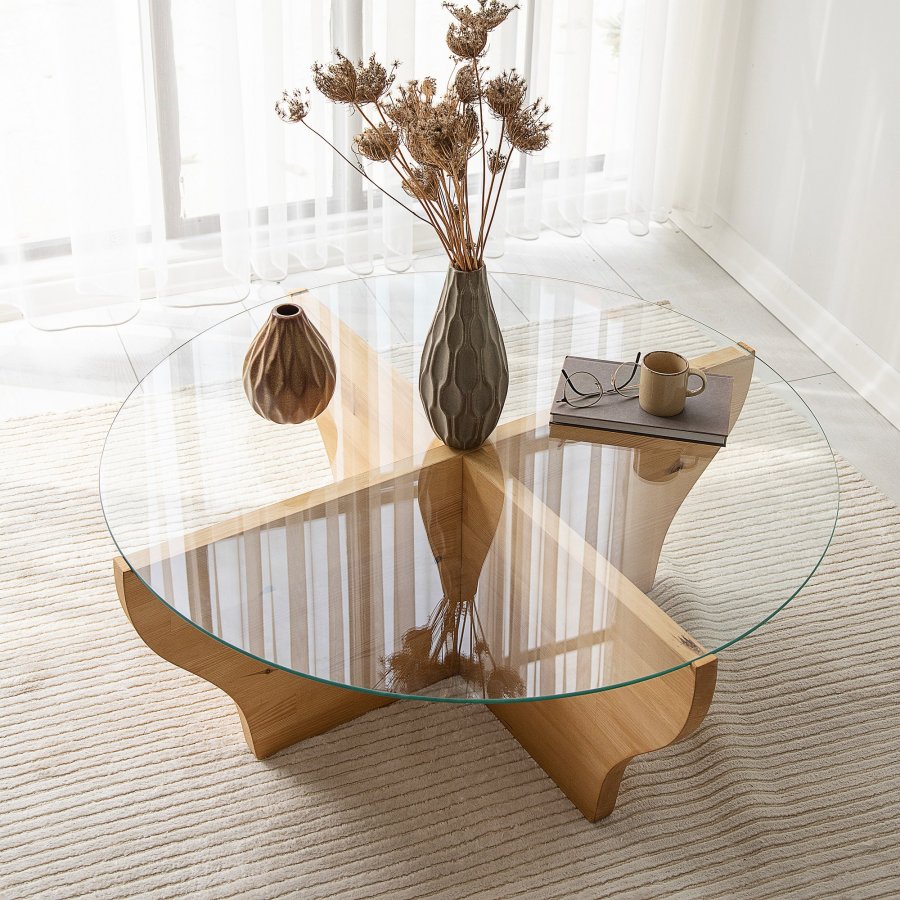 NORDVÄRK Amphora Couchtisch, rund – Glas und teakfarbenes Holz (92)