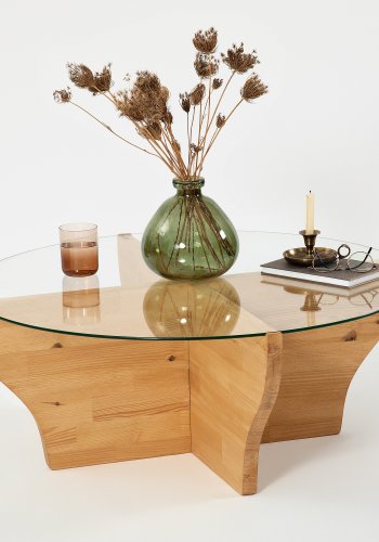 NORDVÄRK Amphora Couchtisch, rund – Glas und teakfarbenes Holz (92)