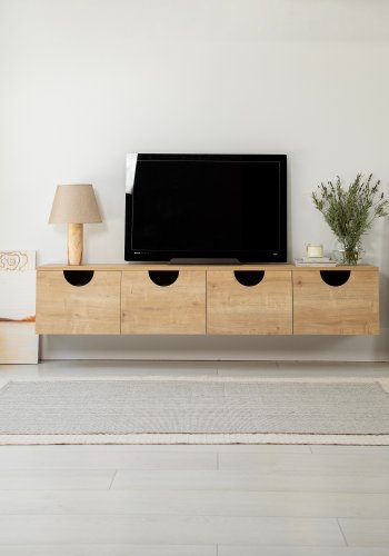 NORDVÄRK Four Seasons Wand-TV-Ständer, mit 4 Türen - eichenfarbenes Melamin (180x35)