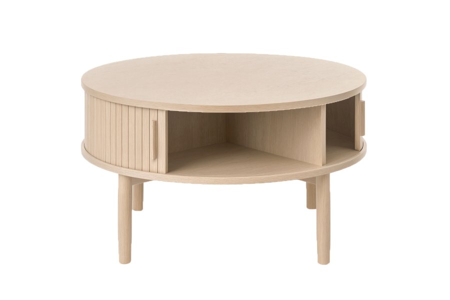 Meta sofabord, m. 2 skydelger og 1 rum, rund - hvidpigmenteret eg (85)