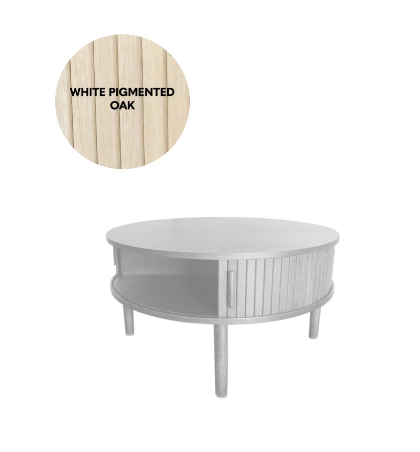 Meta sofabord, m. 2 skydelger og 1 rum, rund - hvidpigmenteret eg (85)