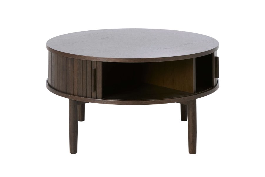 Meta sofabord, m. 2 skydelger og 1 rum, rund - mrk espresso brun eg (85)
