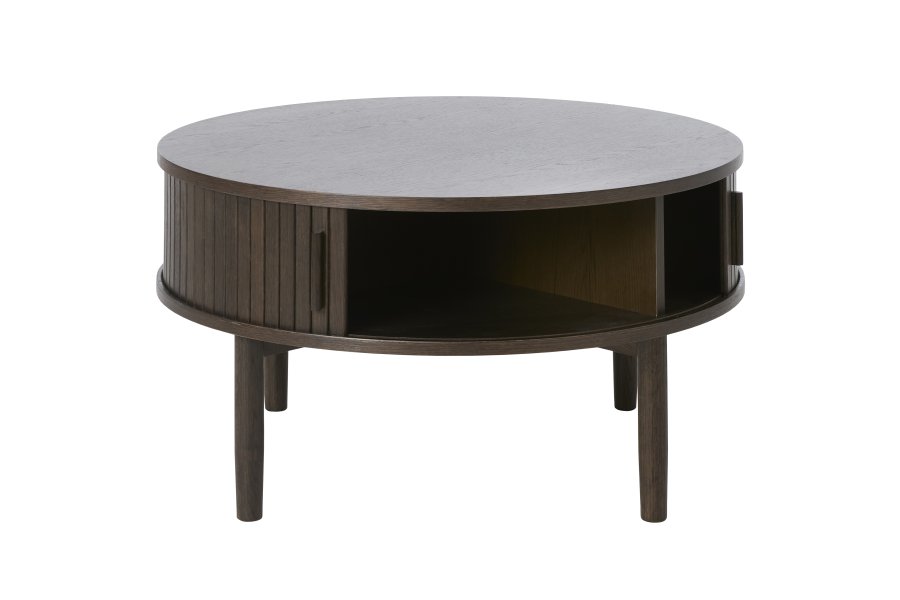 Meta sofabord, m. 2 skydelger og 1 rum, rund - mrk espresso brun eg (85)