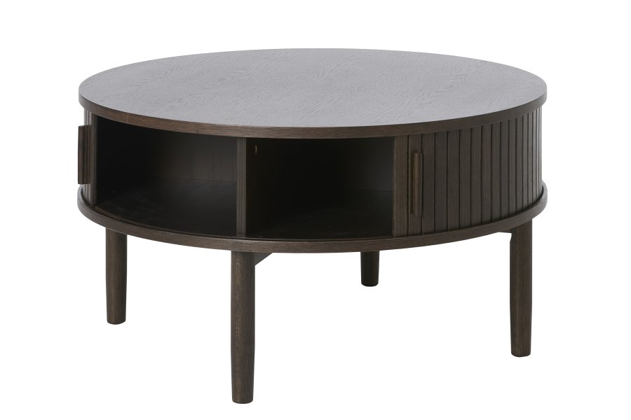 Meta sofabord, m. 2 skydelger og 1 rum, rund - mrk espresso brun eg (85)