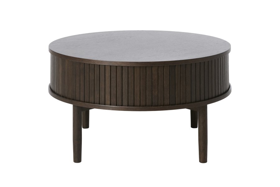 Meta sofabord, m. 2 skydelger og 1 rum, rund - mrk espresso brun eg (85)