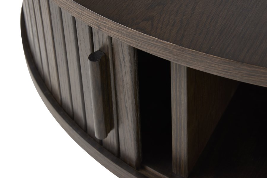 Meta sofabord, m. 2 skydelger og 1 rum, rund - mrk espresso brun eg (85)