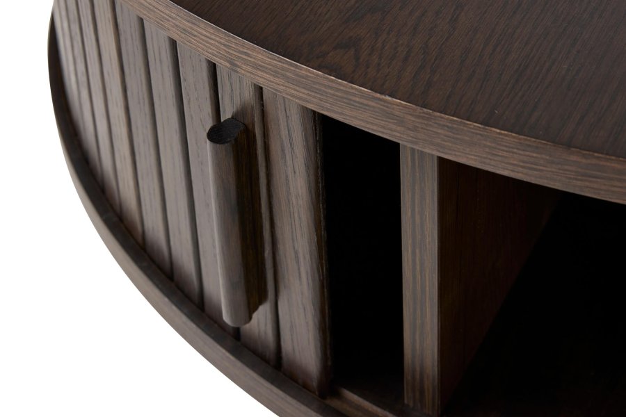 Meta sofabord, m. 2 skydelger og 1 rum, rund - mrk espresso brun eg (85)