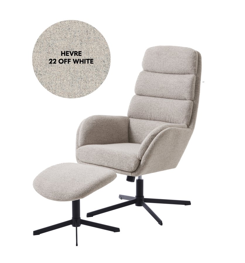 Sifton lnestol og fodskammel -  offwhite melange bouclé stof og sorte ben