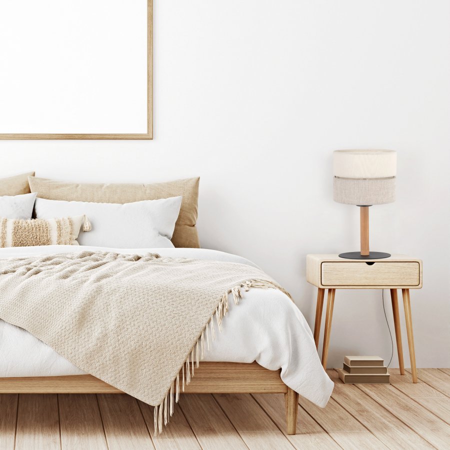 TK Eco bordlampe, rund - naturstoff, furu og sort metall