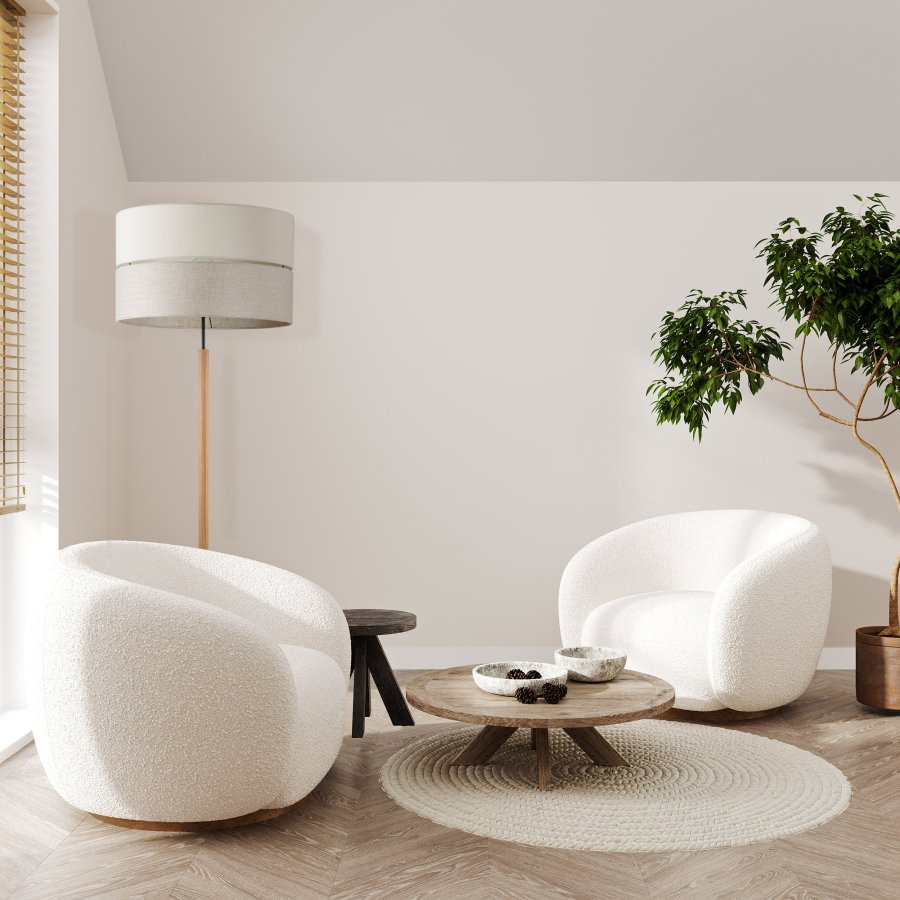 TK Eco gulvlampe, rund - natur stof, fyrretr og sort metal