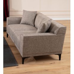 3-personers sofa i fawn/brun/beige polyester med b�getr� og sp�npladestel