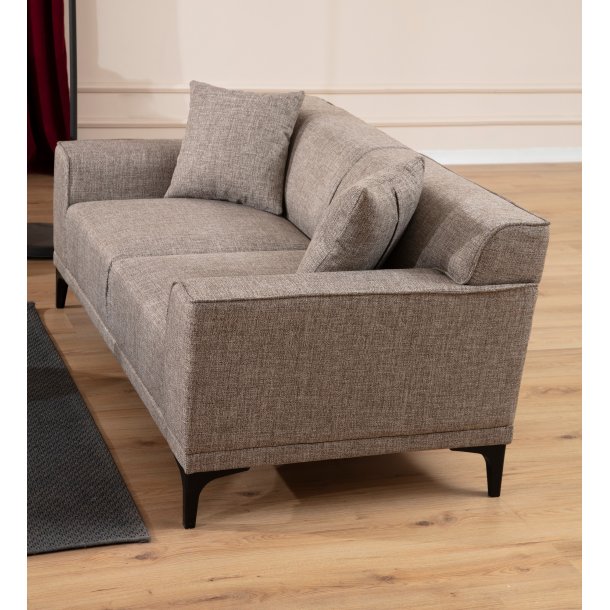 3-personers sofa i fawn/brun/beige polyester med b�getr� og sp�npladestel