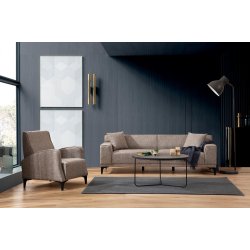 3-personers sofa i fawn/brun/beige polyester med b�getr� og sp�npladestel