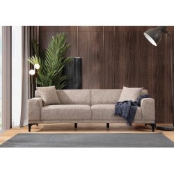 3-personers sofa i fawn/brun/beige polyester med b�getr� og sp�npladestel
