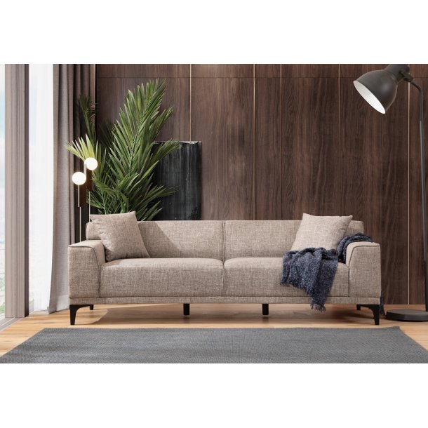 3-personers sofa i fawn/brun/beige polyester med b�getr� og sp�npladestel