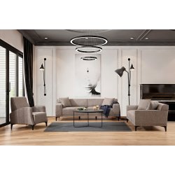3-personers sofa i fawn/brun/beige polyester med b�getr� og sp�npladestel