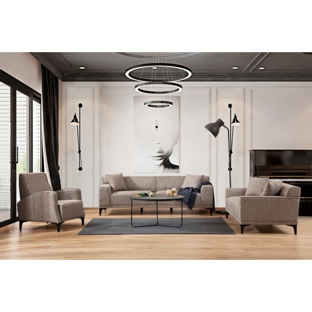 3-personers sofa i fawn/brun/beige polyester med b�getr� og sp�npladestel