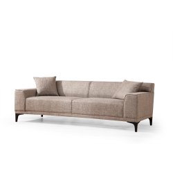 3-personers sofa i fawn/brun/beige polyester med b�getr� og sp�npladestel