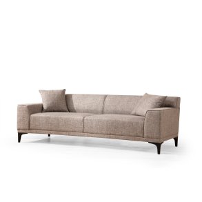 3-personers sofa i fawn/brun/beige polyester med b�getr� og sp�npladestel
