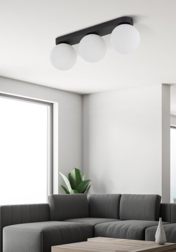 TK Mini loftlampe, m. 3 skjermer - hvitt glass og sort metall