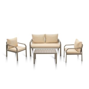 NORDVÄRK Arya udendrs loungest, m. 2 stole, 1 sofa, 1 bord og creme hynder - cappucino aluminium