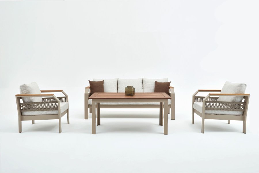 NORDVÄRK Morento utendrs salongsett, m. 2 stoler, 1 sofa, 1 bord, beige puter - beige aluminium