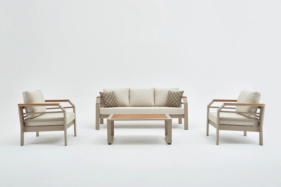 NORDVÄRK Assento utendrs salongsett, m. 2 stoler, 1 sofa, 1 bord, beige puter - beige aluminium